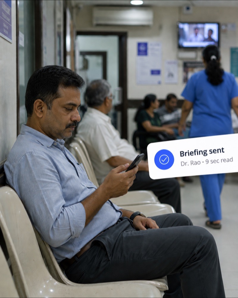 A man waiting in a clinic corridor, reviewing his history on his phone before an appointment