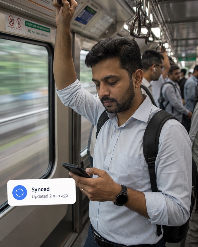 A man on a crowded metro train checking his health records on his phone