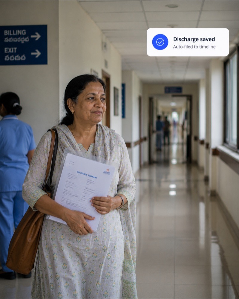 A woman walking out of a hospital holding her discharge summary