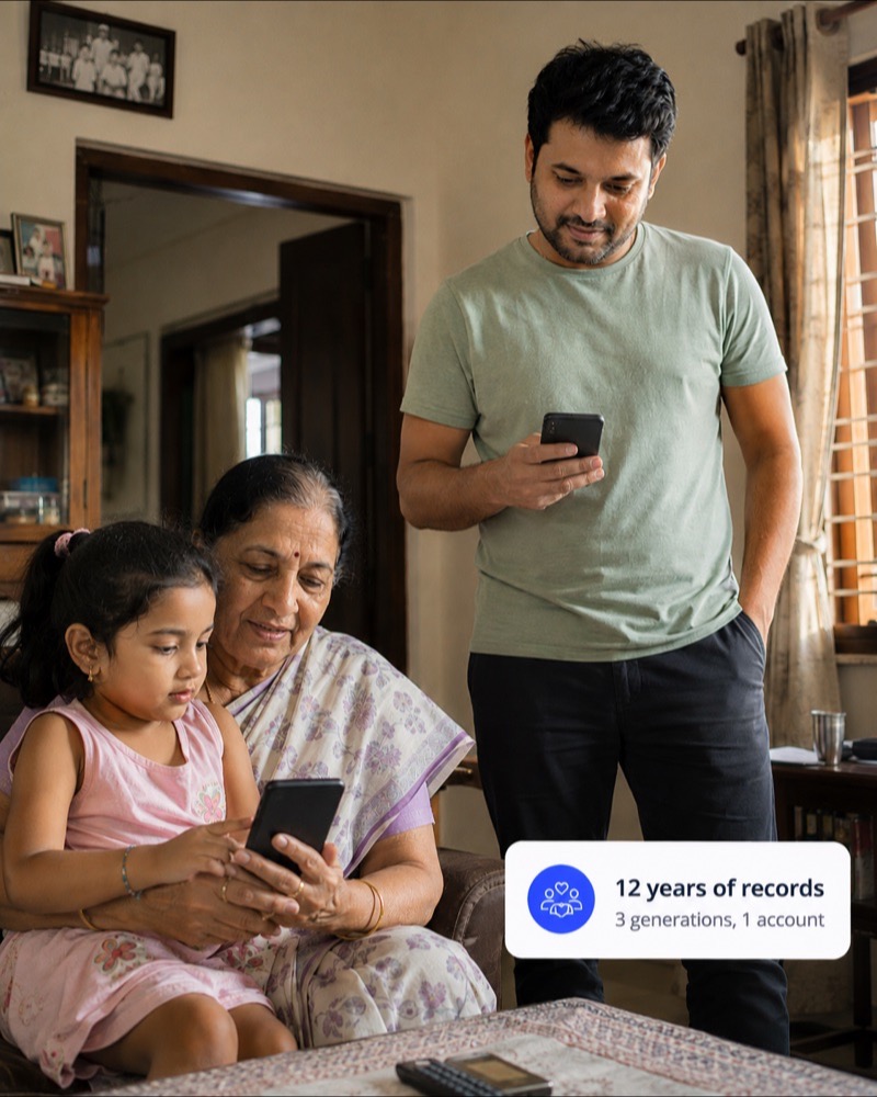 A grandmother, grandchild and father at home, three generations sharing one set of records