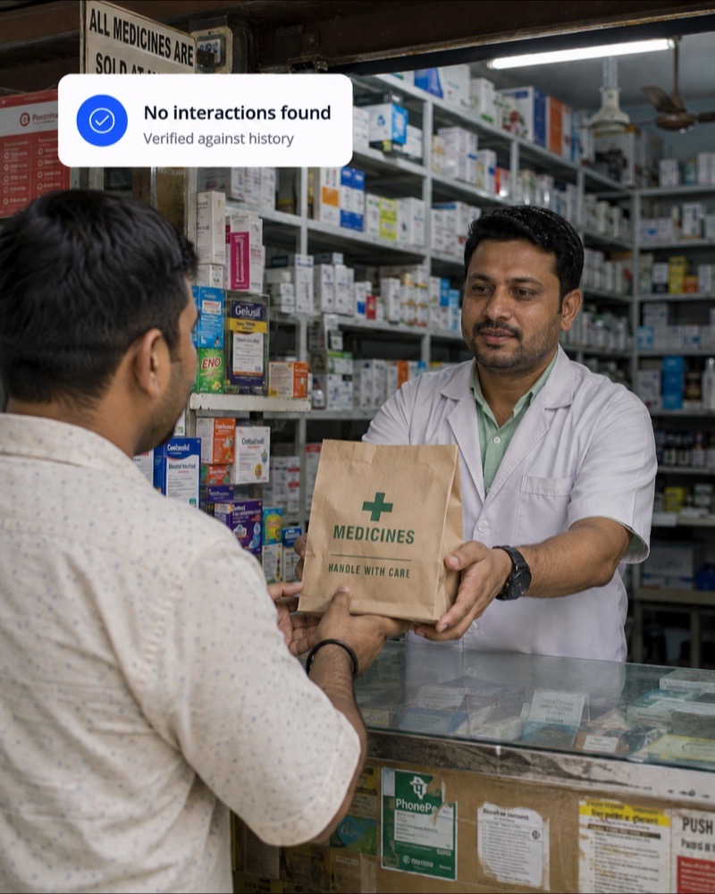A pharmacist handing a bag of medicines across the counter to a customer