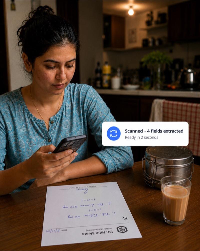 A woman at her kitchen table photographing a handwritten prescription with her phone