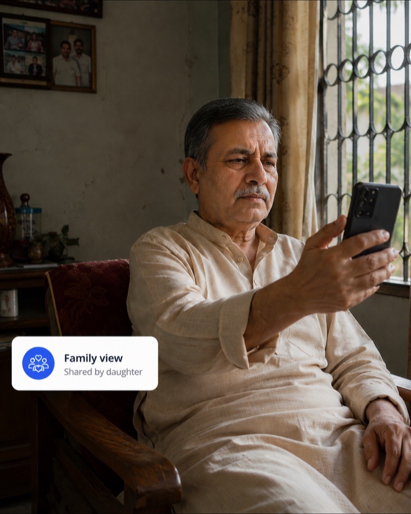 An older man reading records on his phone by a window at home, shared with him by his daughter