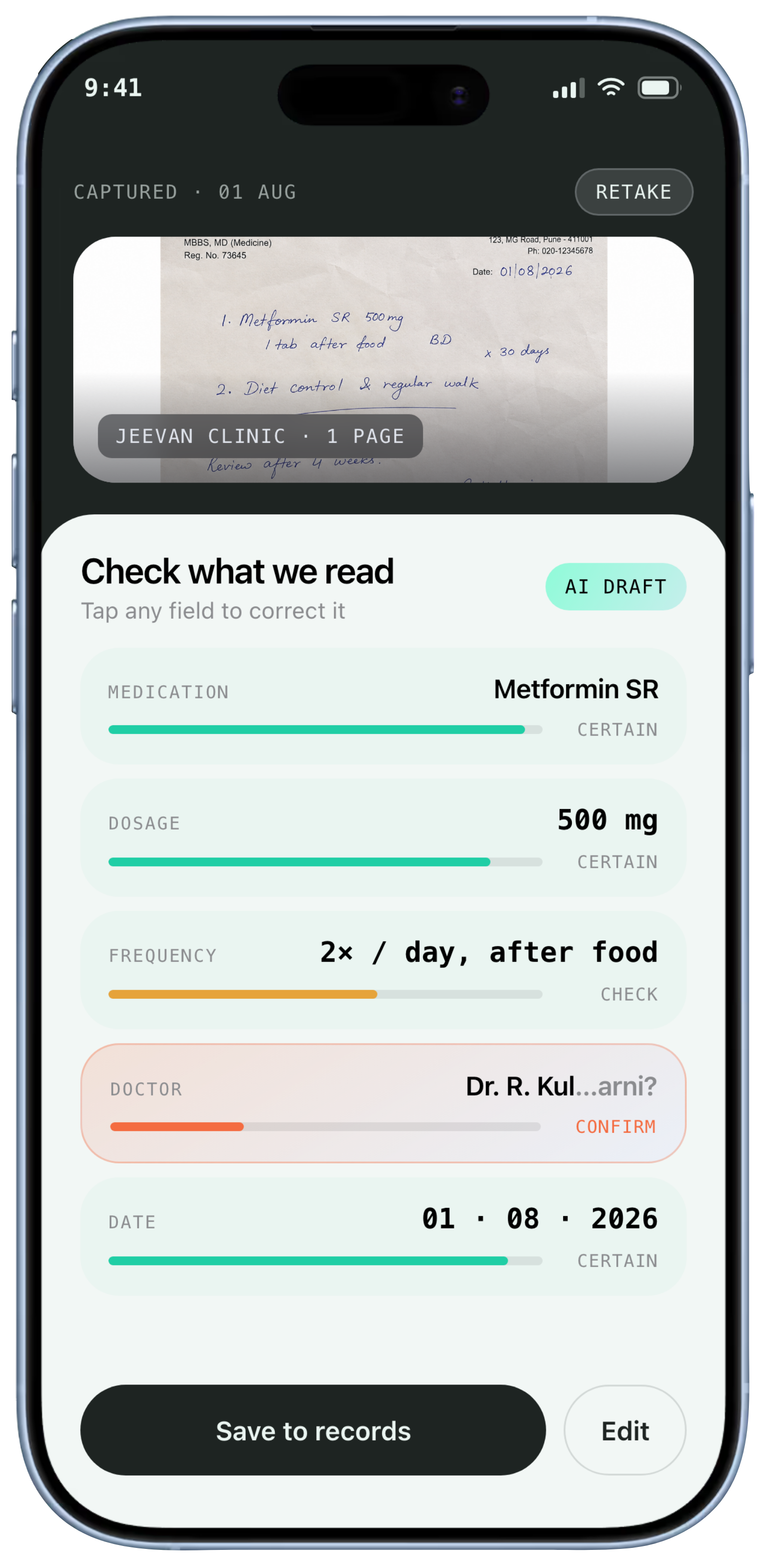 Informd reading a photographed prescription and asking you to confirm each field