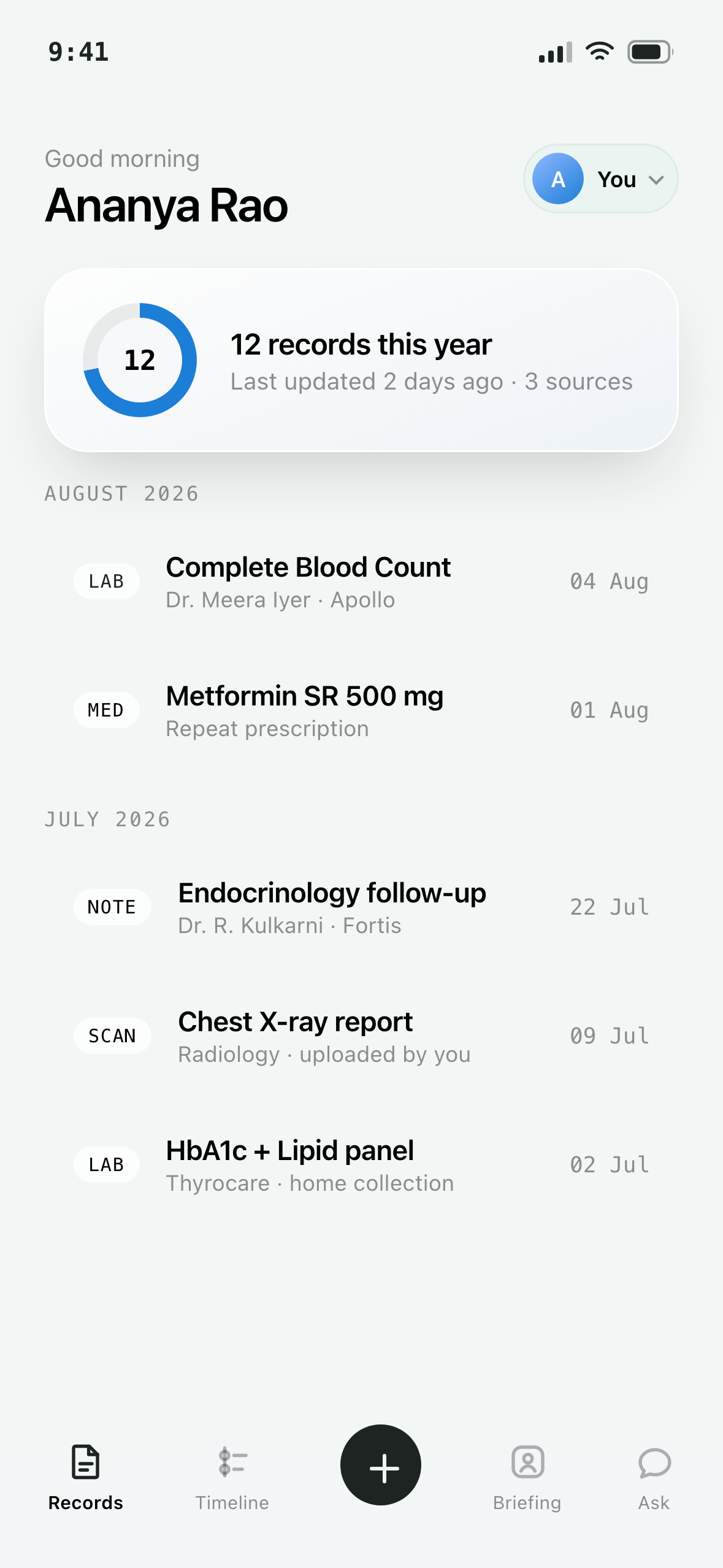 Informd records list showing labs, prescriptions and clinical notes by month