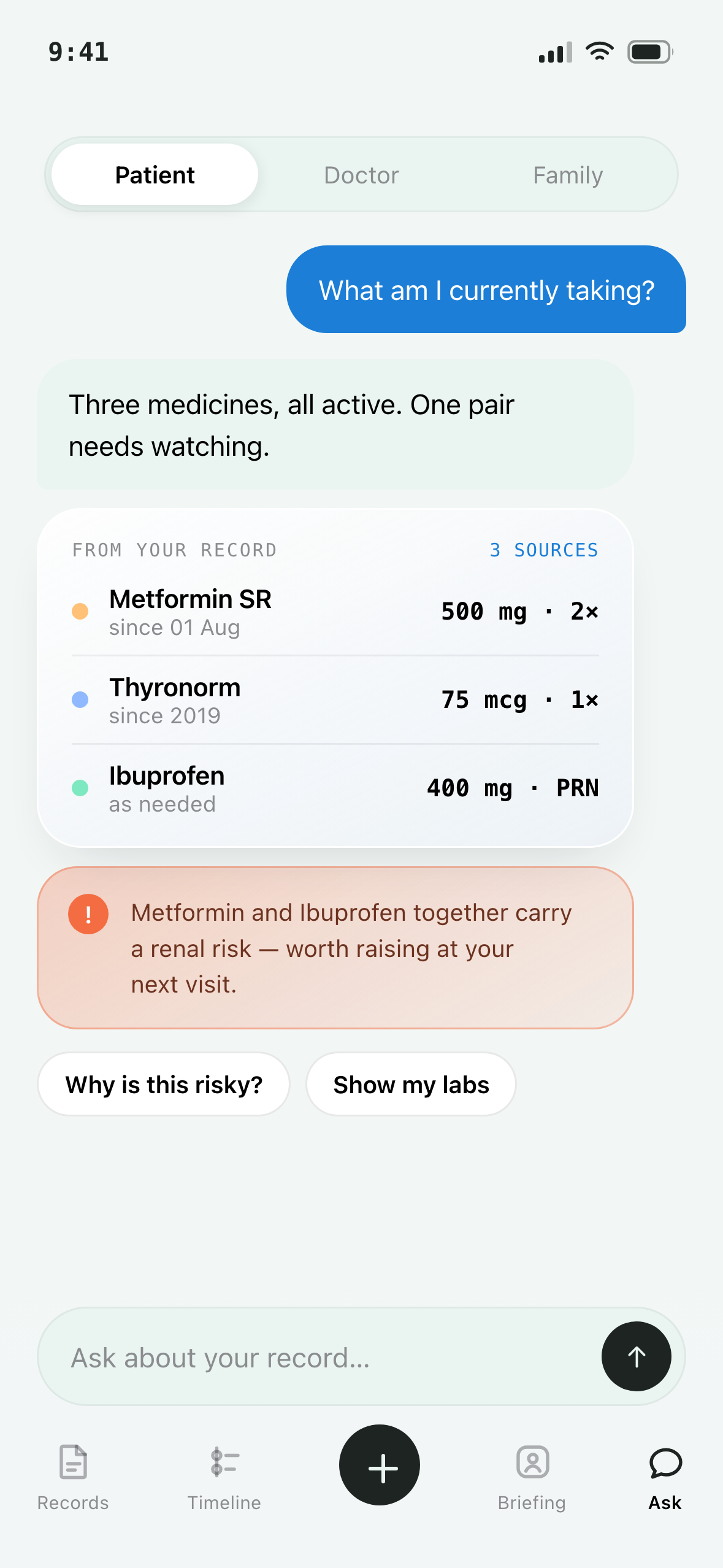 Informd AI answering a question grounded in the patient's own records